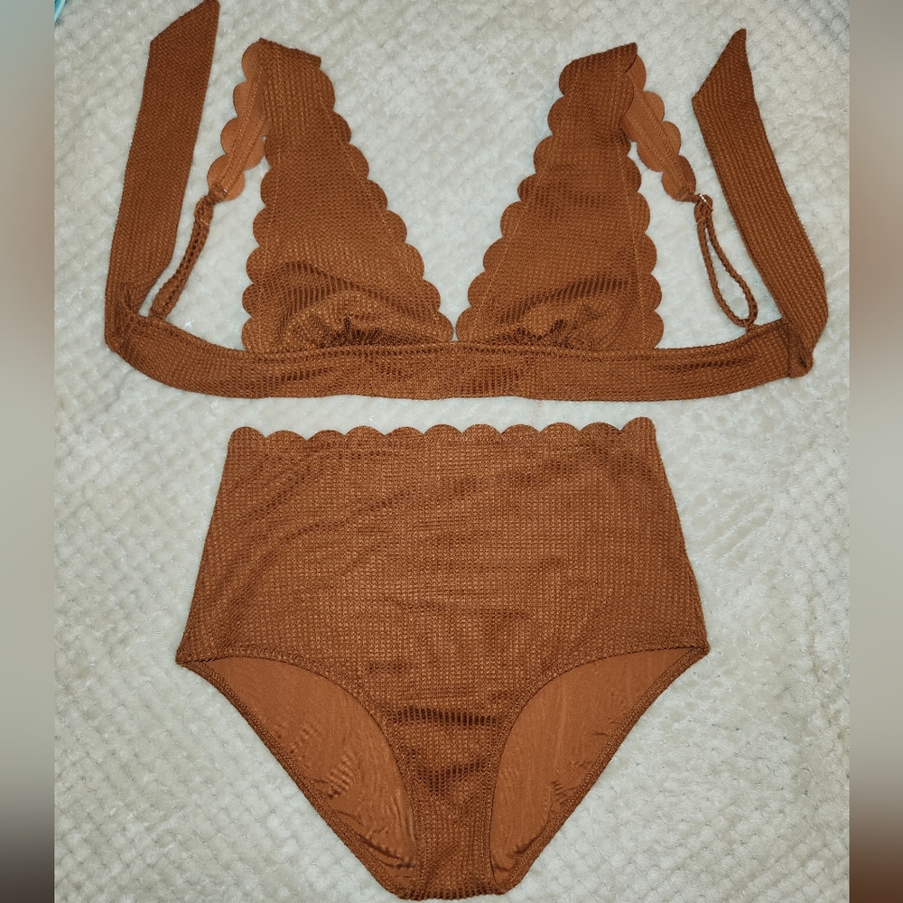 Aerie Waffle Scalloped Tie Longline Triangle Bikini Top and High Waisted Bottom